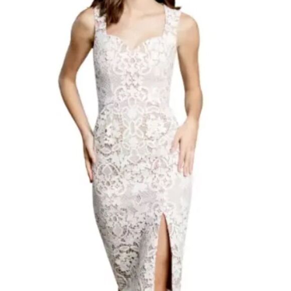 DRESS the POPULATION Jayleen White Nude Floral Guipure Lace Cocktail Midi - Picture 2 of 8